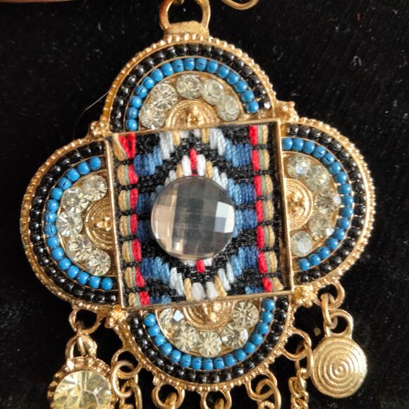 Iris Apfel & Bajalia Blue & Gold Embellished Tasseled HUGE Statement Earrings - Picture 10 of 11